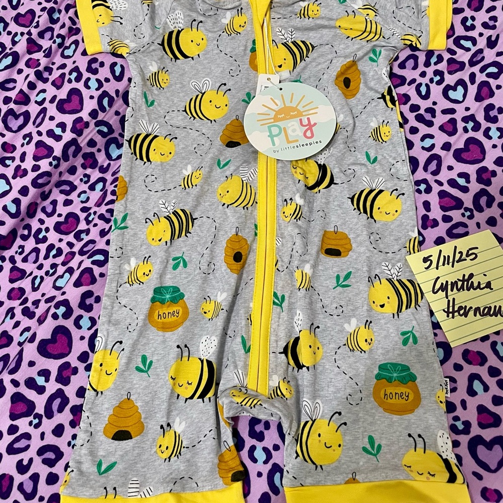 Gray and Yellow Bee Print Baby Romper